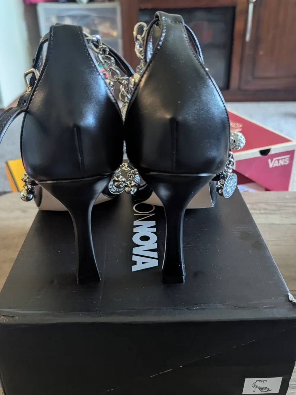 Fashion Nova Black Chain-Accent Heel Sandals